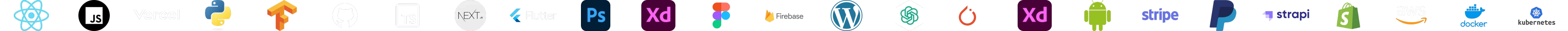 Technology logos for React, JavaScript, Vercel, Python, TensorFlow, GitHub, TypeScript, Next.js, Flutter, Adobe, Figma, Firebase, WordPress, ChatGPT, PyTorch, Android, Stripe, PayPal, Strapi, Shopify, AWS, Docker, and Kubernetes
